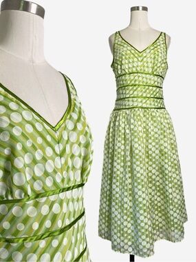 Vintage Y2K Robbie Bee Green white polka dot fit flare midi dress girlhoodcore M